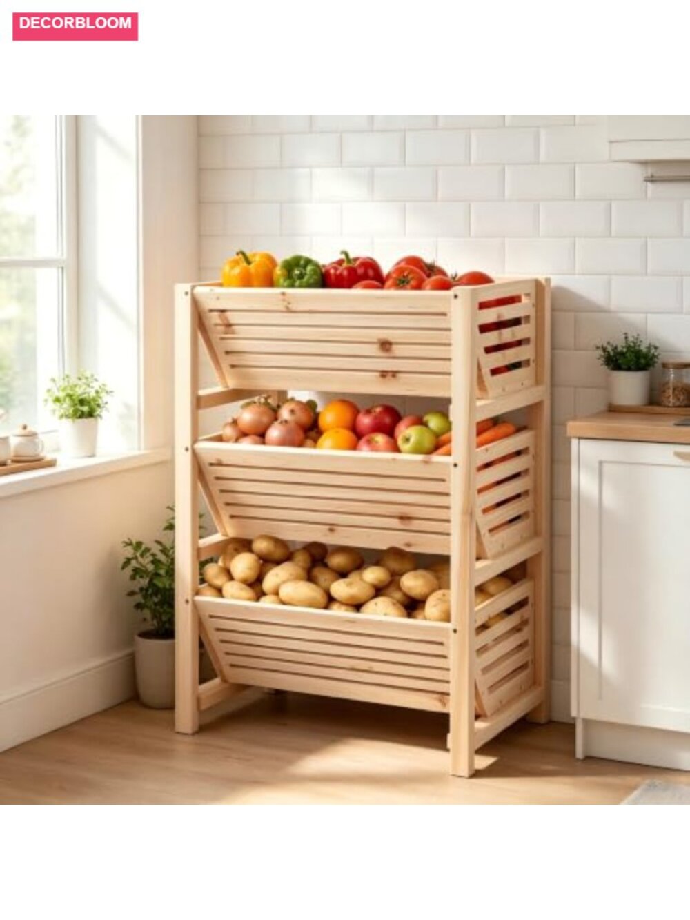 Stackable Wood Potato Onion Storage Bins 3-Tier Produce Basket